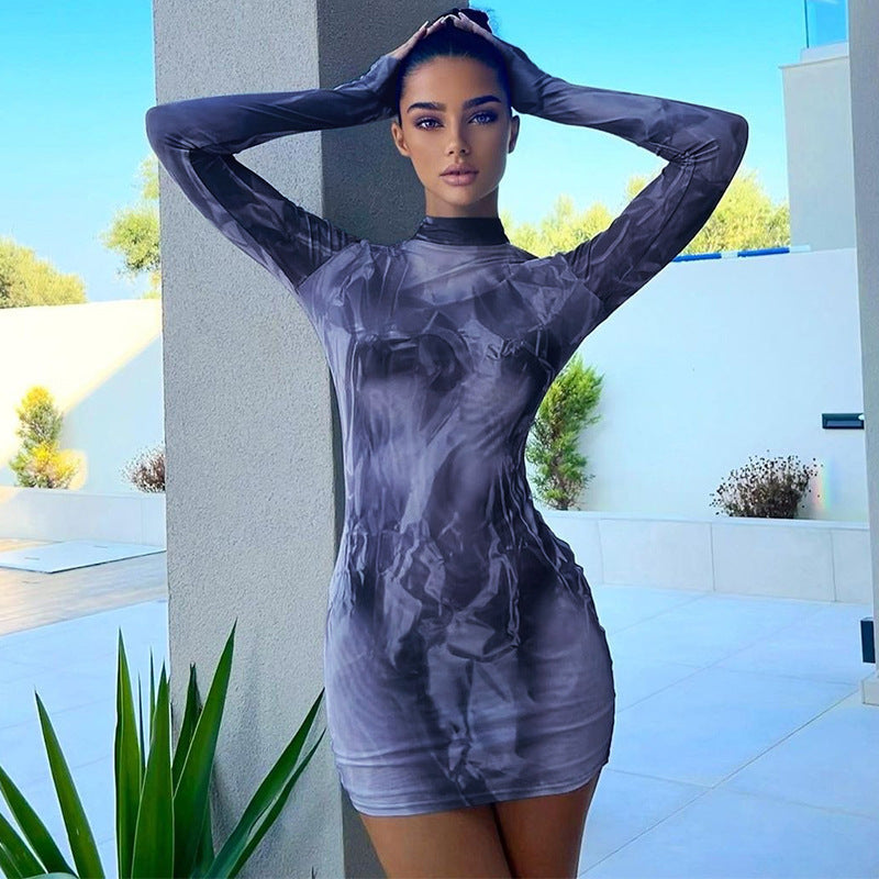 Abstract Print Bodycon Mini Dress with Crewneck and Long Sleeves