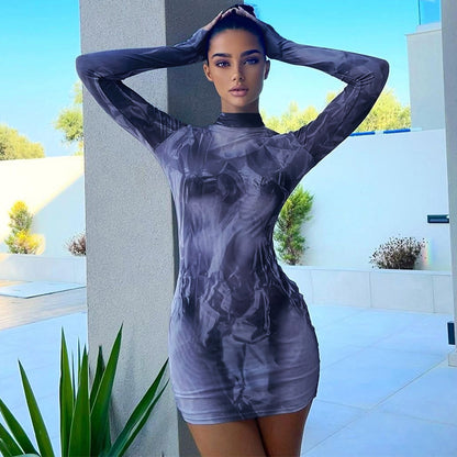 Abstract Print Bodycon Mini Dress with Crewneck and Long Sleeves