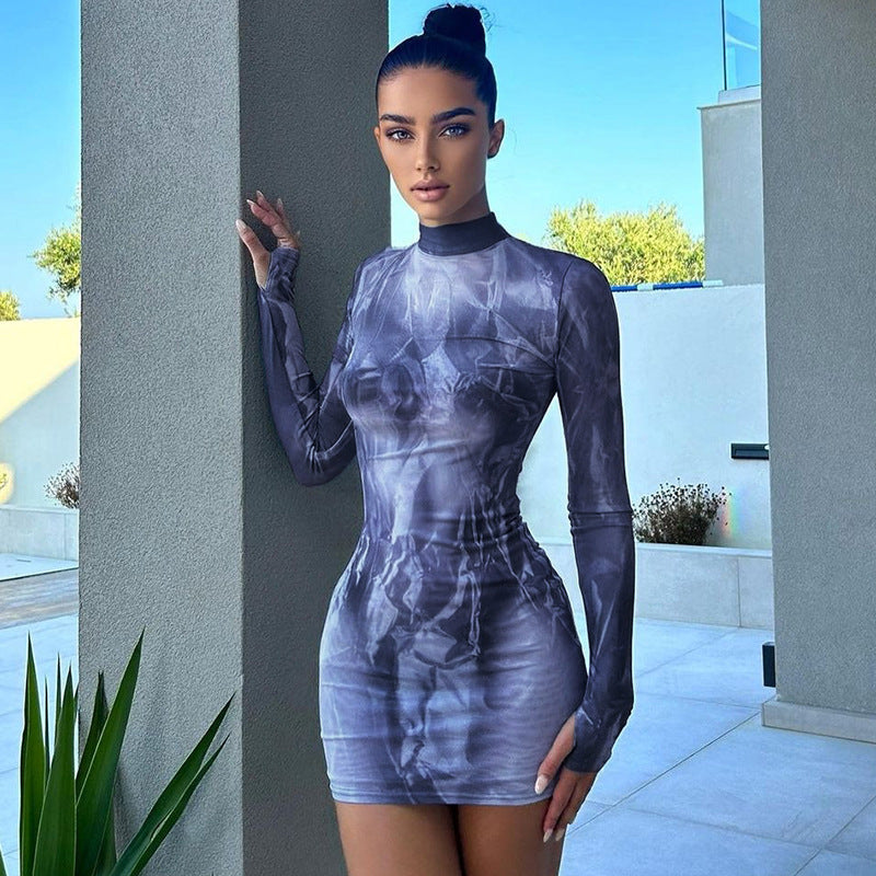 Abstract Print Bodycon Mini Dress with Crewneck and Long Sleeves