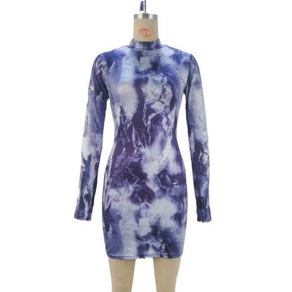 Abstract Print Bodycon Mini Dress with Crewneck and Long Sleeves