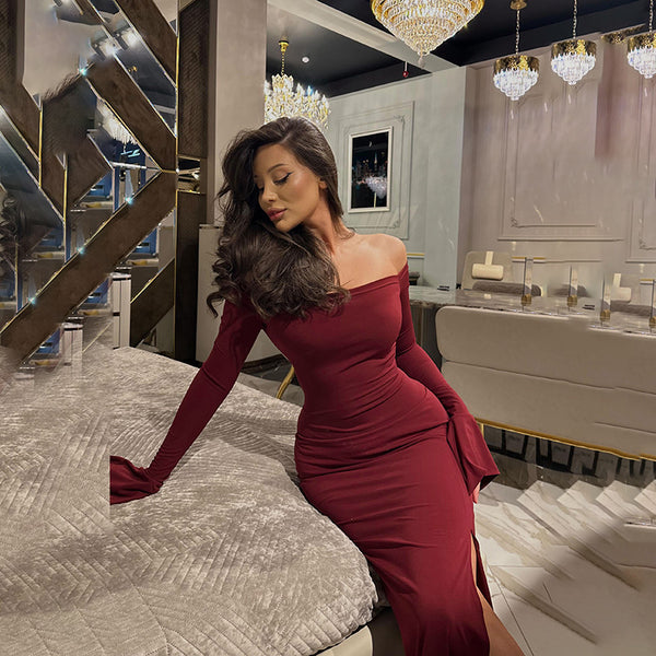 Solid Off-the-Shoulder Bodycon Maxi Dress with High Slit