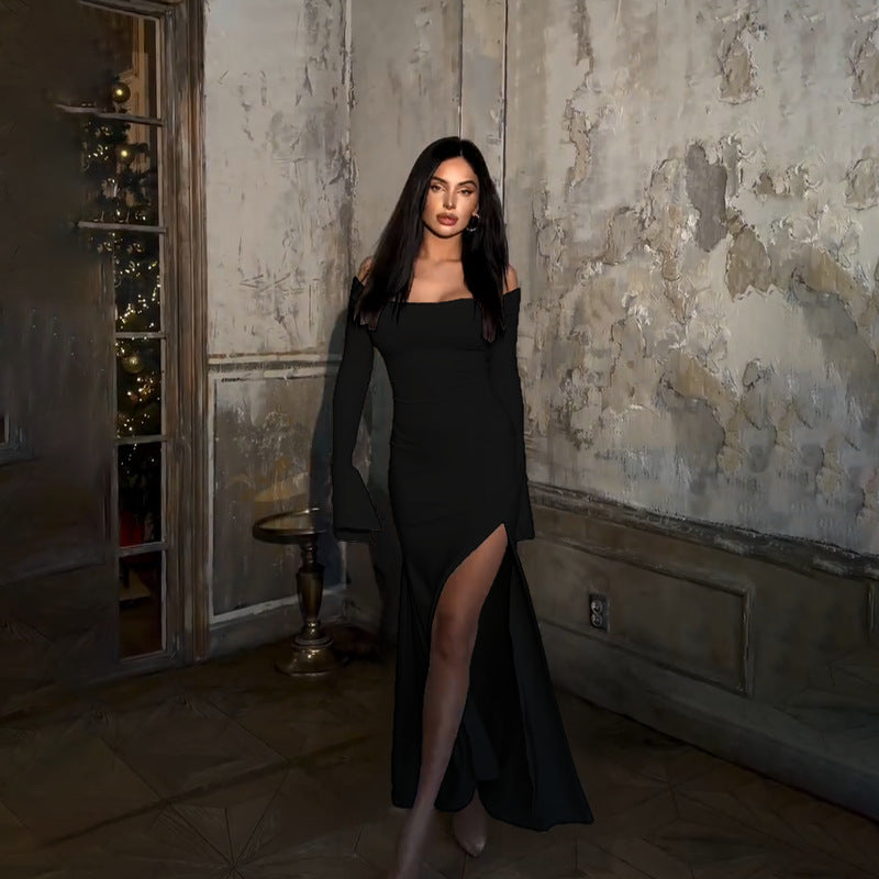 Solid Off-the-Shoulder Bodycon Maxi Dress with High Slit