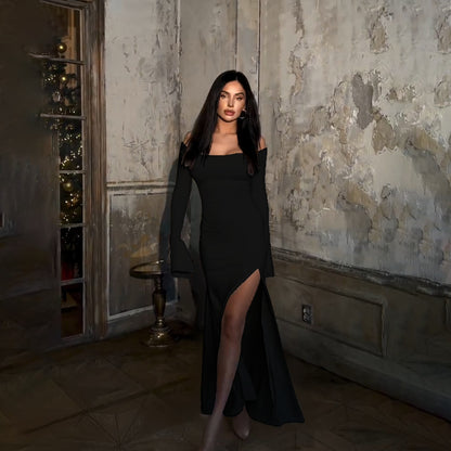 Solid Off-the-Shoulder Bodycon Maxi Dress with High Slit