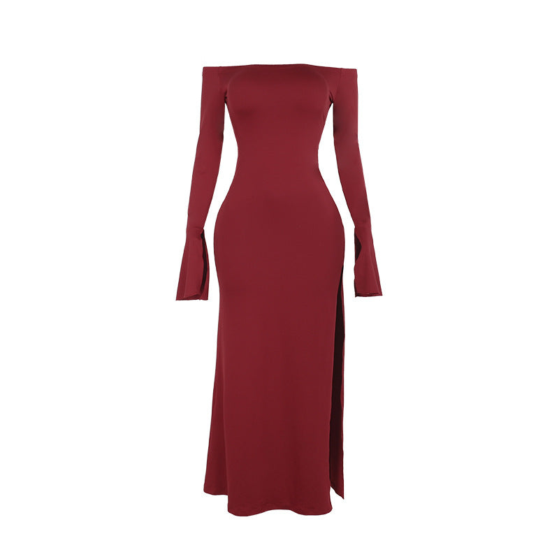 Solid Off-the-Shoulder Bodycon Maxi Dress with High Slit