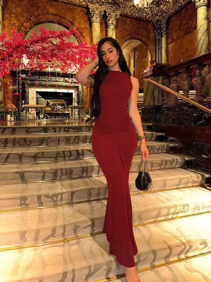 Sleeveless Bodycon Maxi Dress with Ruched Waist Detail