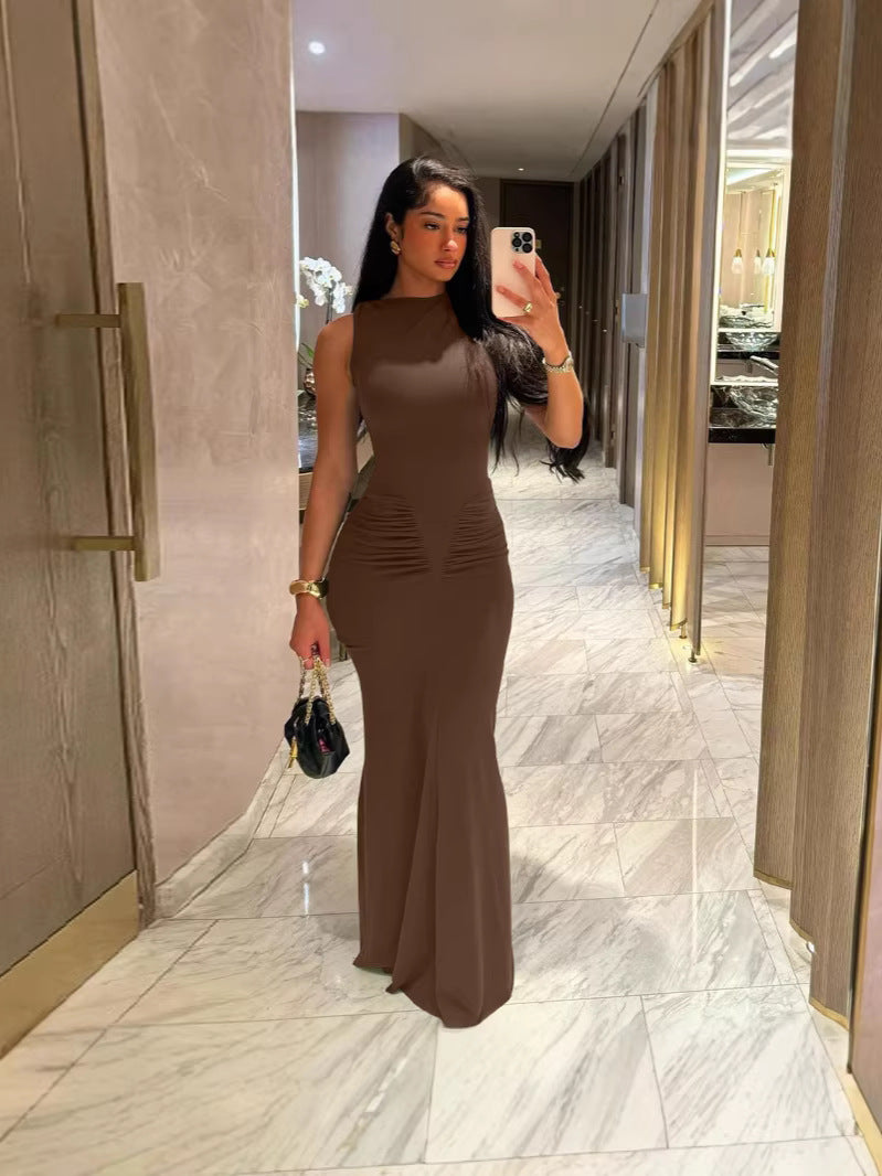 Sleeveless Bodycon Maxi Dress with Ruched Waist Detail