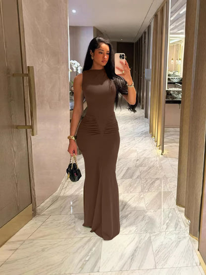 Sleeveless Bodycon Maxi Dress with Ruched Waist Detail