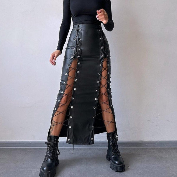 Bodycon PU Leather Midi Skirt with Lace-Up Slits