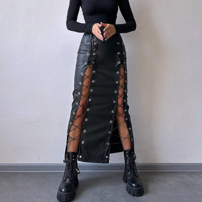 Bodycon PU Leather Midi Skirt with Lace-Up Slits