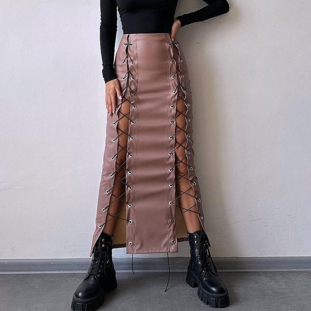 Bodycon PU Leather Midi Skirt with Lace-Up Slits