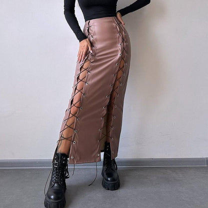 Bodycon PU Leather Midi Skirt with Lace-Up Slits