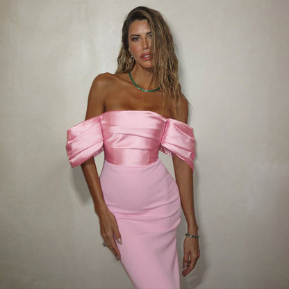 Off-the-Shoulder Satin Column Dress with Puff Sleeves