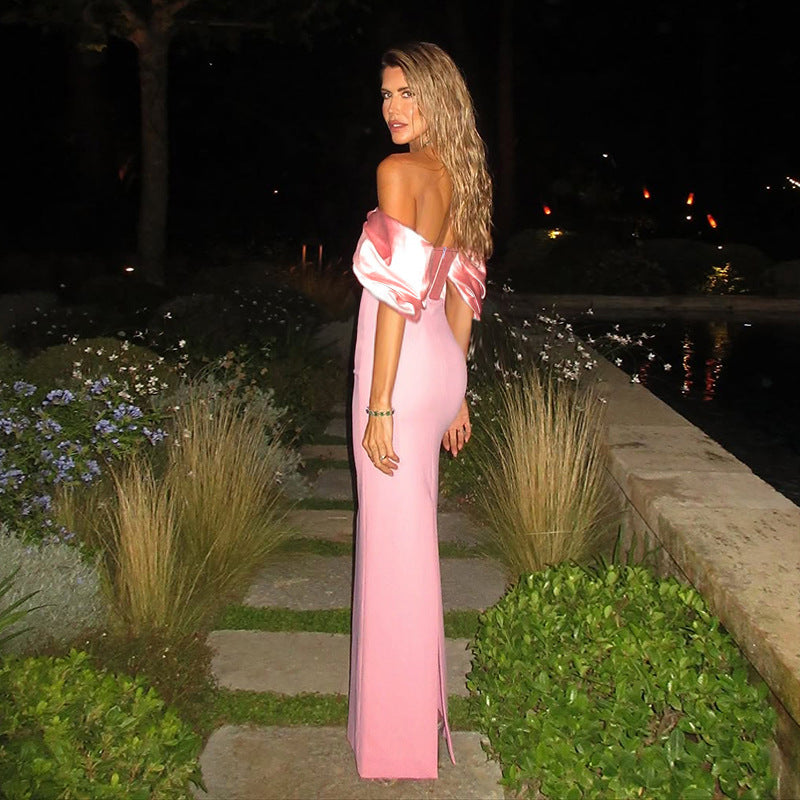 Off-the-Shoulder Satin Column Dress with Puff Sleeves