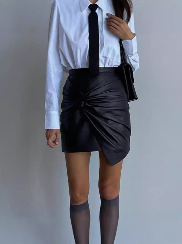 High-Waist PU Leather Mini Skirt with Front Knot Detail