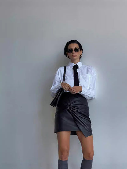 High-Waist PU Leather Mini Skirt with Front Knot Detail