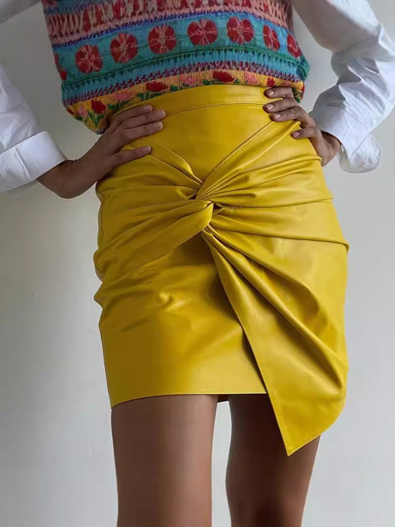High-Waist PU Leather Mini Skirt with Front Knot Detail