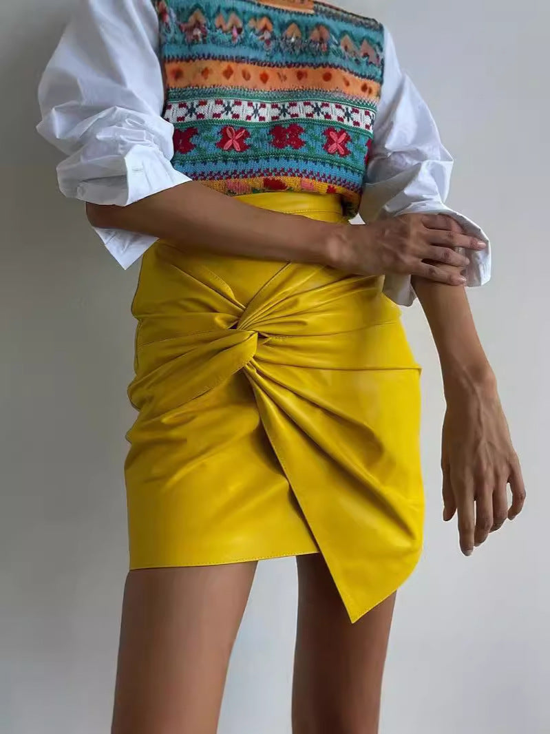 High-Waist PU Leather Mini Skirt with Front Knot Detail