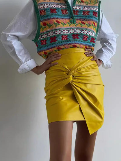 High-Waist PU Leather Mini Skirt with Front Knot Detail
