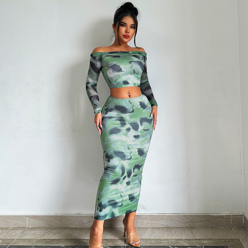 Abstract Print Bodycon Two-Piece Set with Off-the-Shoulder Top