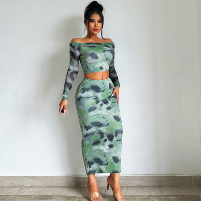 Abstract Print Bodycon Two-Piece Set with Off-the-Shoulder Top