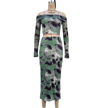 Abstract Print Bodycon Two-Piece Set with Off-the-Shoulder Top