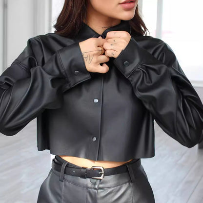 Cropped Faux Leather Shirt with Batwing Sleeves