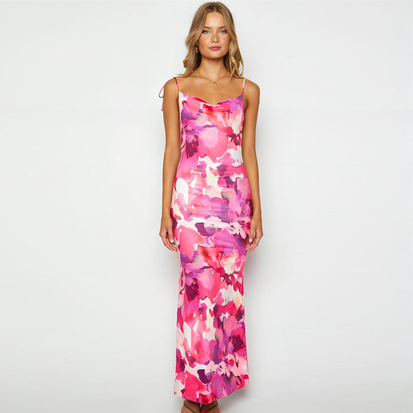 Floral Print Maxi Slip Dress with Backless Tie Straps