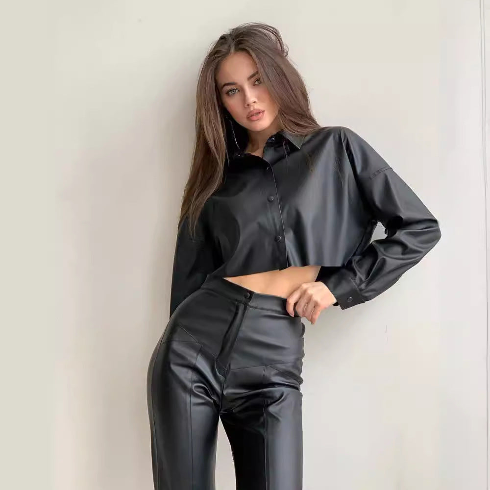 Cropped Faux Leather Shirt with Batwing Sleeves