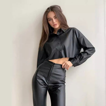 Cropped Faux Leather Shirt with Batwing Sleeves
