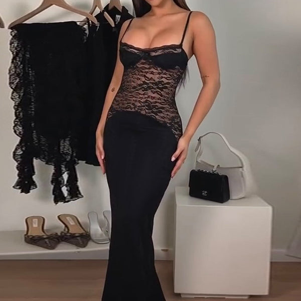 Bodycon Maxi Dress with Lace Bodice and Spaghetti Straps