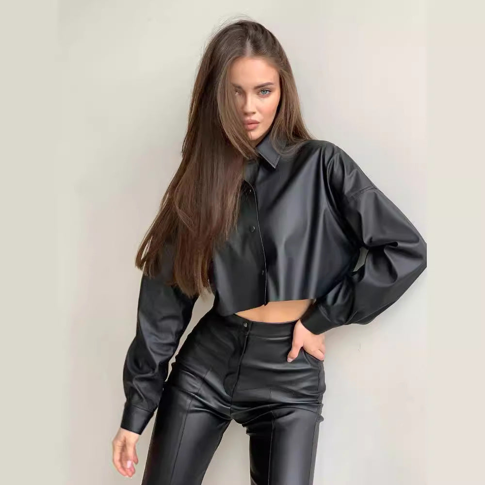 Cropped Faux Leather Shirt with Batwing Sleeves