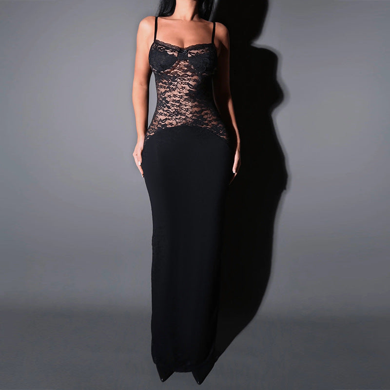 Bodycon Maxi Dress with Lace Bodice and Spaghetti Straps