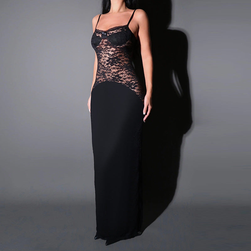 Bodycon Maxi Dress with Lace Bodice and Spaghetti Straps