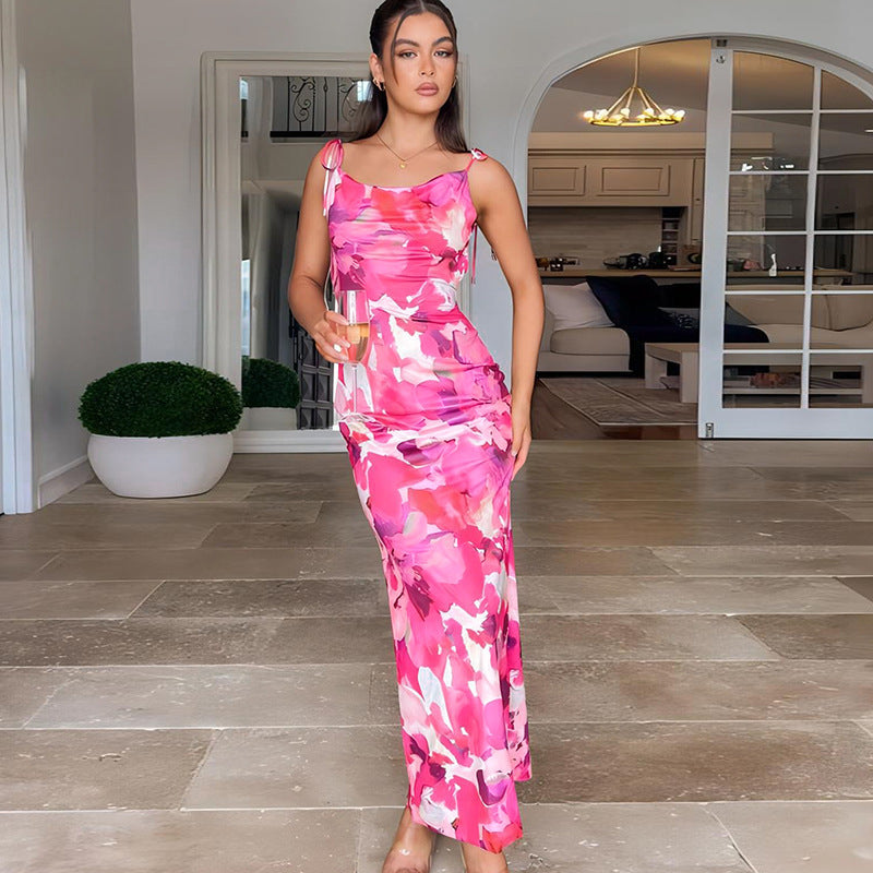 Floral Print Maxi Slip Dress with Backless Tie Straps