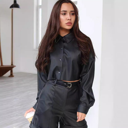 Cropped Faux Leather Shirt with Batwing Sleeves