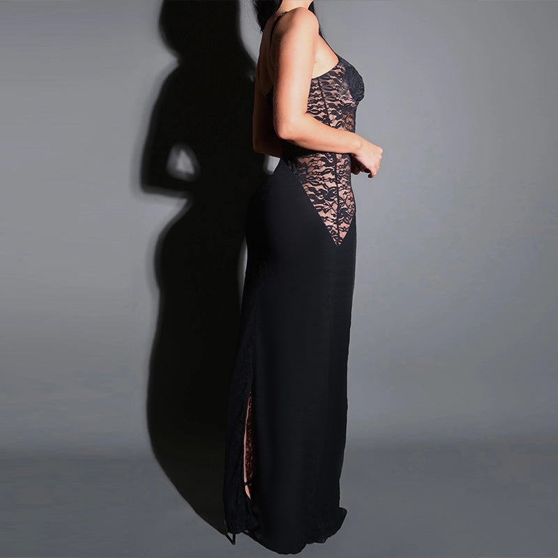 Bodycon Maxi Dress with Lace Bodice and Spaghetti Straps