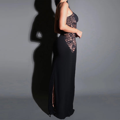 Bodycon Maxi Dress with Lace Bodice and Spaghetti Straps