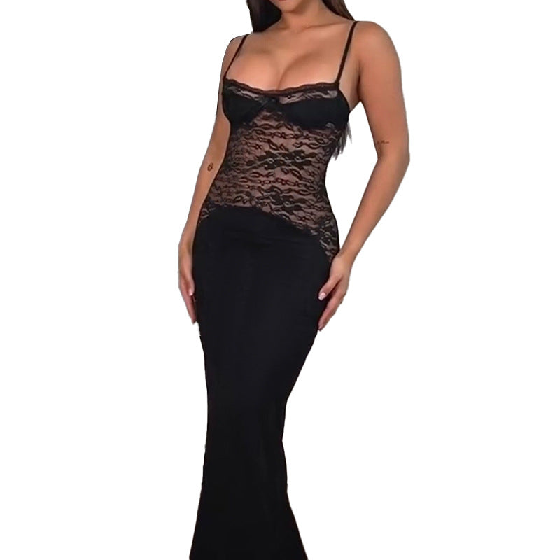 Bodycon Maxi Dress with Lace Bodice and Spaghetti Straps
