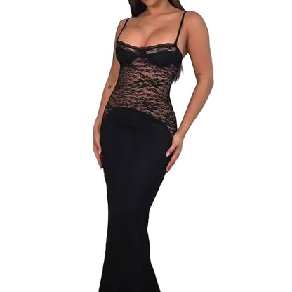 Bodycon Maxi Dress with Lace Bodice and Spaghetti Straps