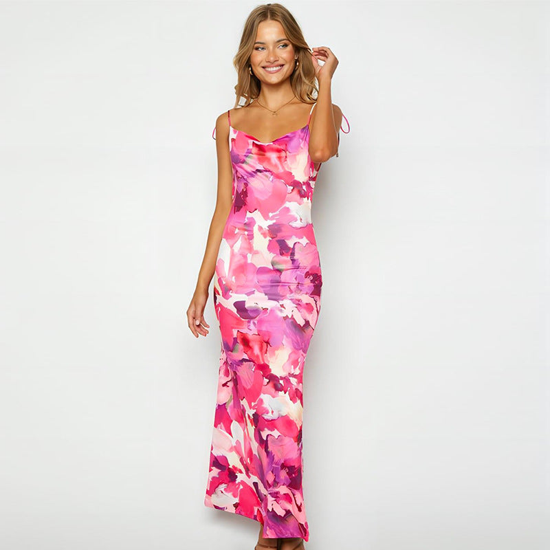 Floral Print Maxi Slip Dress with Backless Tie Straps