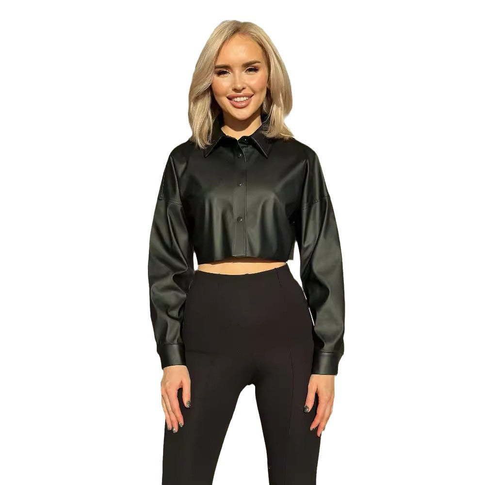 Cropped Faux Leather Shirt with Batwing Sleeves