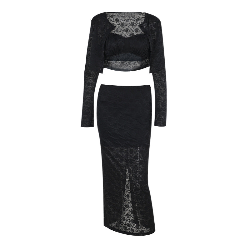 Sexy Slim Lace Three-Piece Set Black