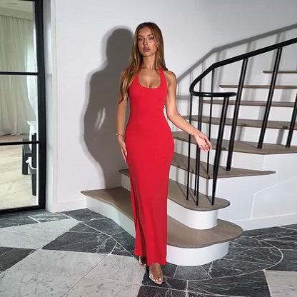 Solid Bodycon Maxi Dress with Halterneck and Scoop Neck
