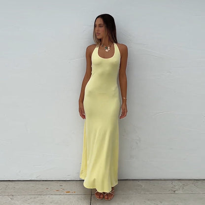 Solid Bodycon Maxi Dress with Halterneck and Scoop Neck