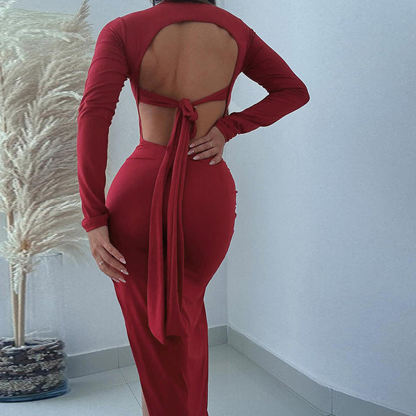 Bodycon Maxi Dress with Backless Tie and Side Slit