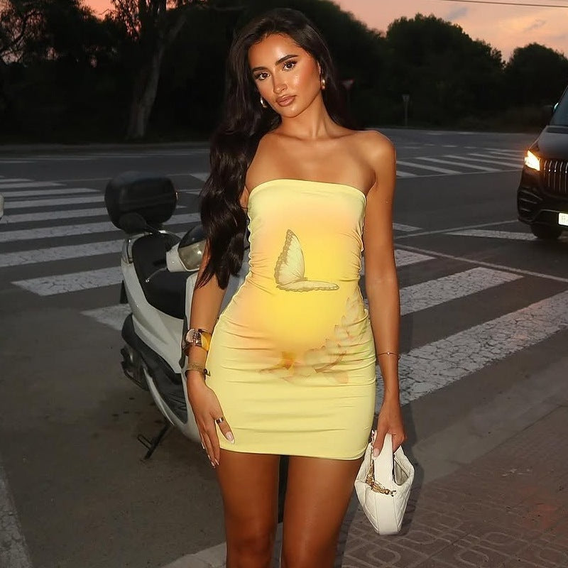 Strapless Bodycon Mini Dress with Butterfly Print