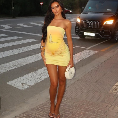 Strapless Bodycon Mini Dress with Butterfly Print