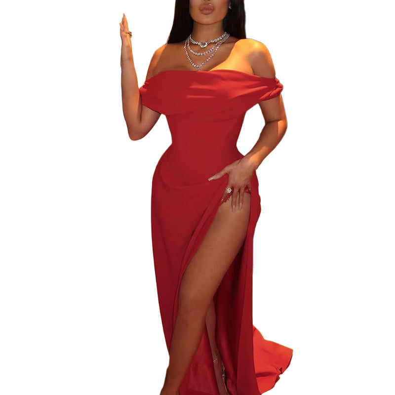 Off-the-Shoulder Bodycon Maxi Dress with High Slit