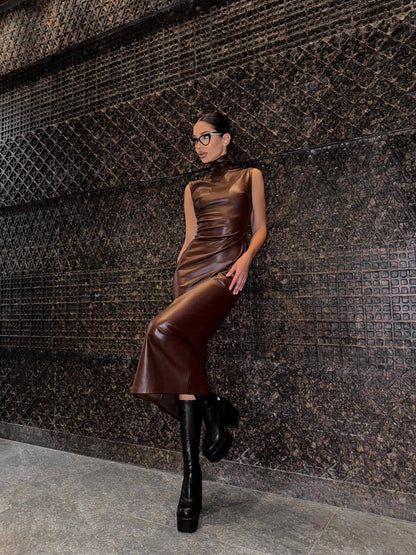 Sleeveless Bodycon Midi Dress in PU Leather with High Collar
