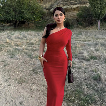 Ruched One-Shoulder Bodycon Maxi Dress with Single Long Sleeve